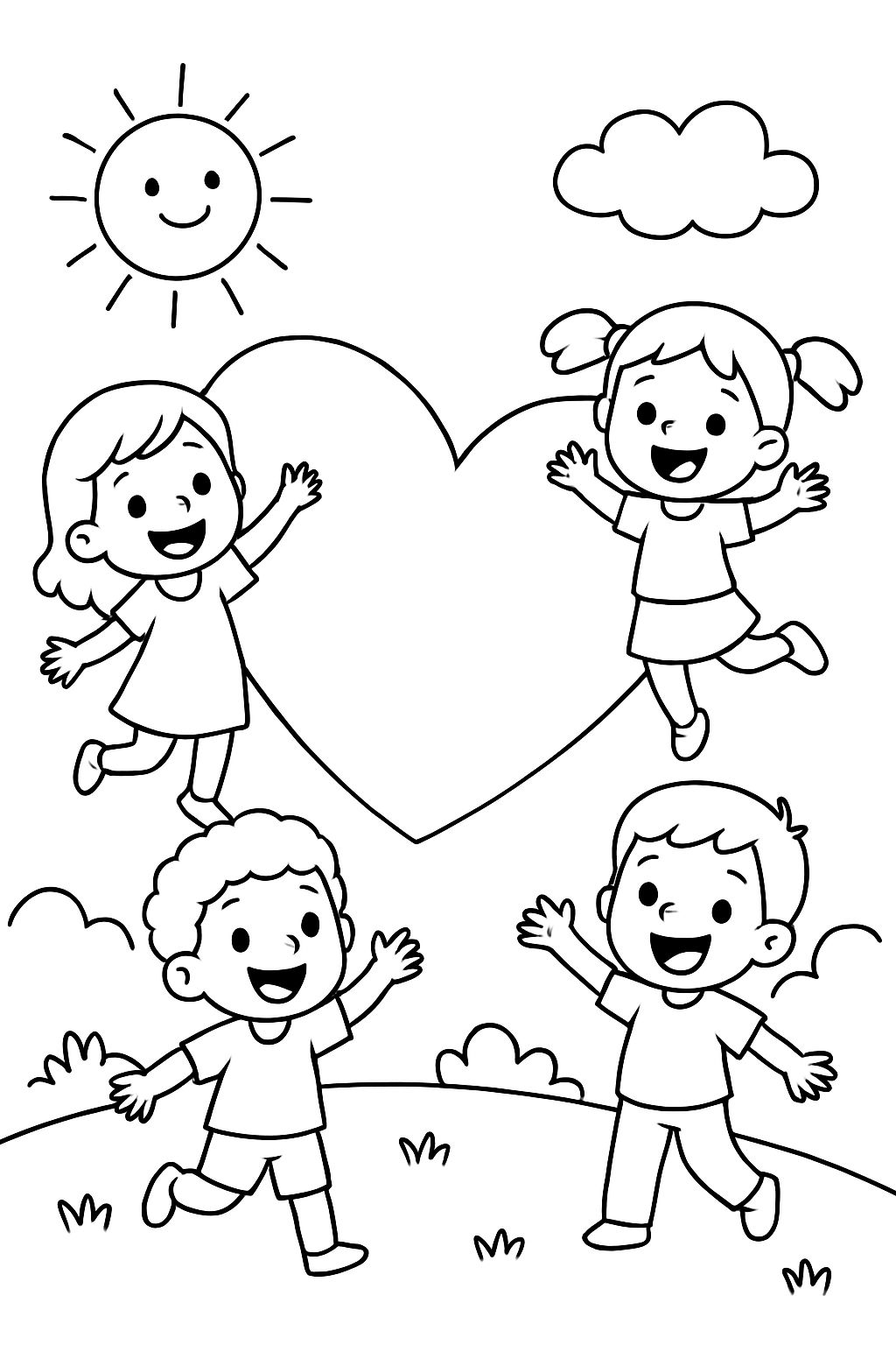 Um coração grande e vários pequenos e as palavras para colorir: Jesus ama todas as crianças. Um coração grande e vários pequenos e as palavras para colorir: Jesus ama todas as crianças.