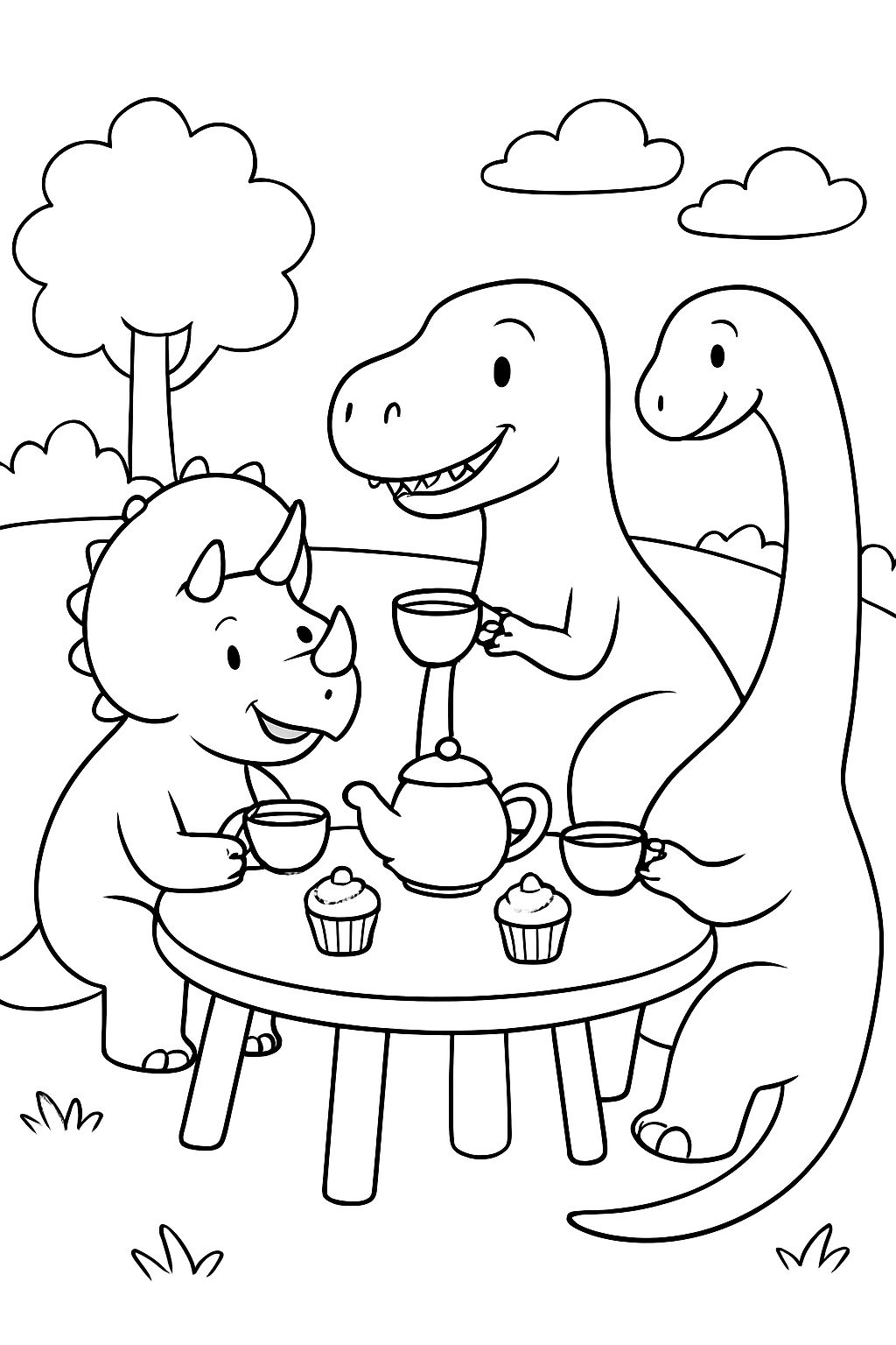 A friendly triceratops, t-rex, and brachiosaurus sitting together at a round picnic table sipping tea with a tea pot on the table and cupcakes. A friendly triceratops, t-rex, and brachiosaurus sitting together at a round picnic table sipping tea with a tea pot on the table and cupcakes.