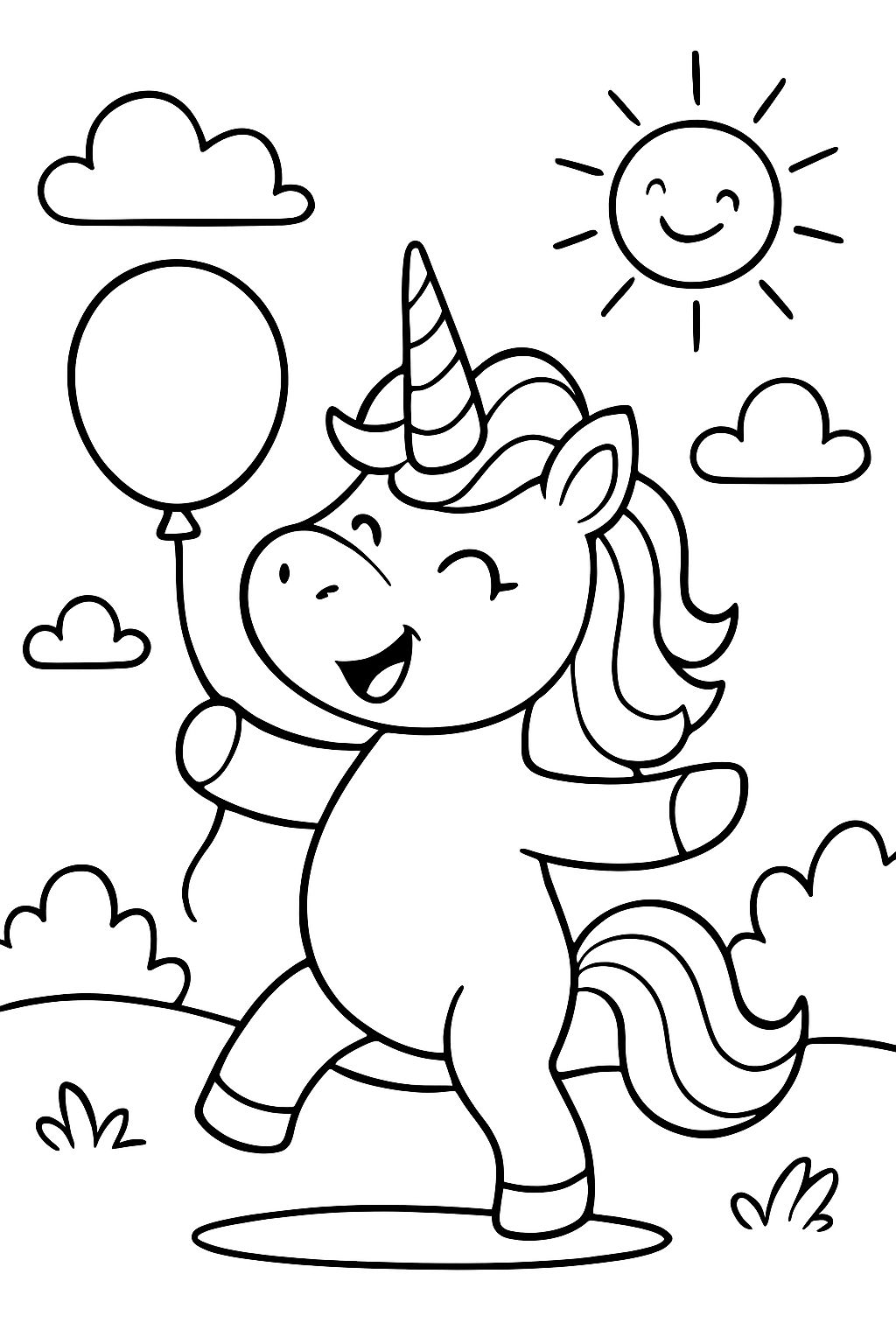 A dancing unicorn with a balloon