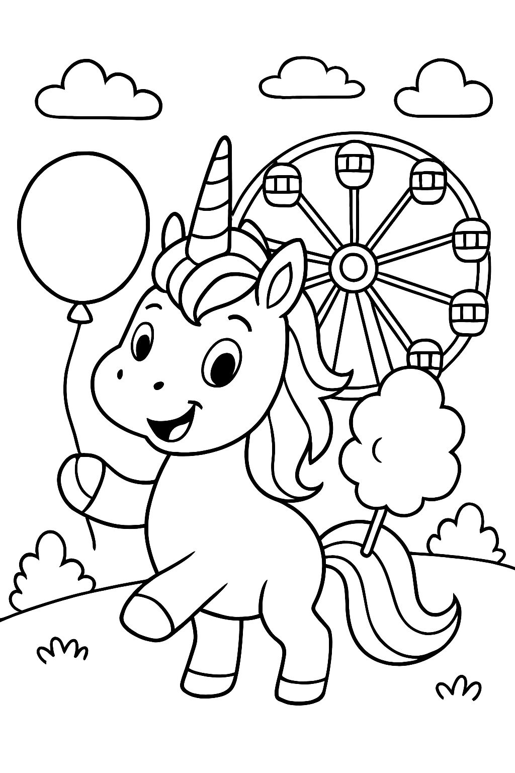 Une licorne avec un ballon et de la barbe à papa devant une grande roue Une licorne avec un ballon et de la barbe à papa devant une grande roue
