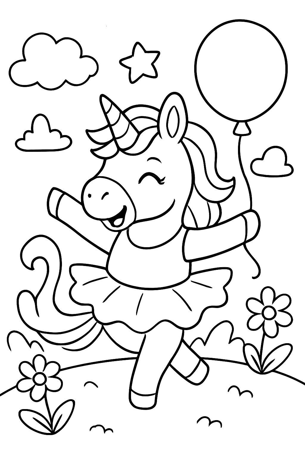 A dancing unicorn with a tutu and a balloon
