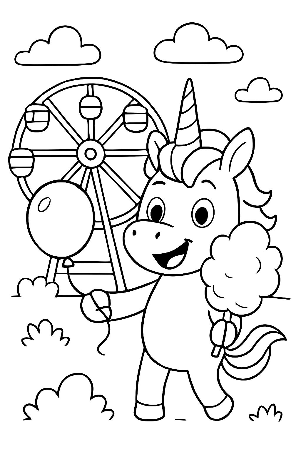 Un unicornio de pie sobre dos patas frente a una noria, sosteniendo un globo en una mano y algodón de azúcar en la otra