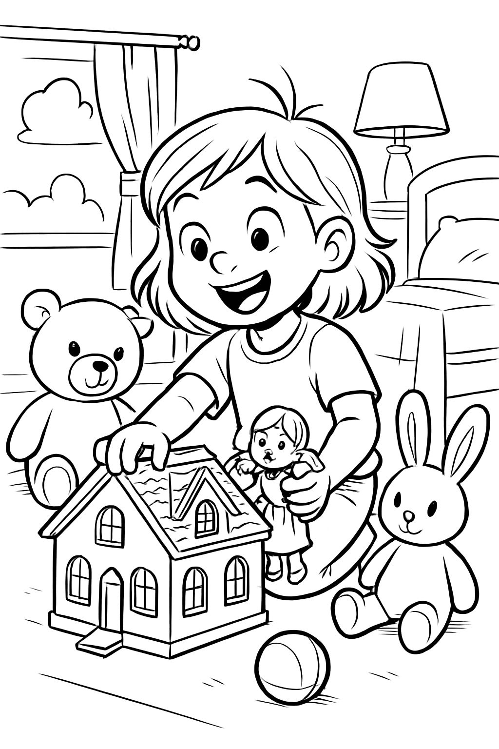 Menina de 3 anos em seu quarto brincando com sua casinha de bonecas e bichinhos de pelúcia. Menina de 3 anos em seu quarto brincando com sua casinha de bonecas e bichinhos de pelúcia.