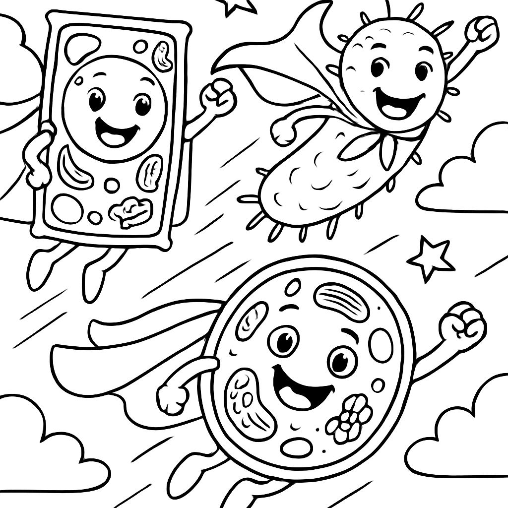 Superhero plant, animal and bacterial cells fling with capes. Superhero plant, animal and bacterial cells fling with capes.