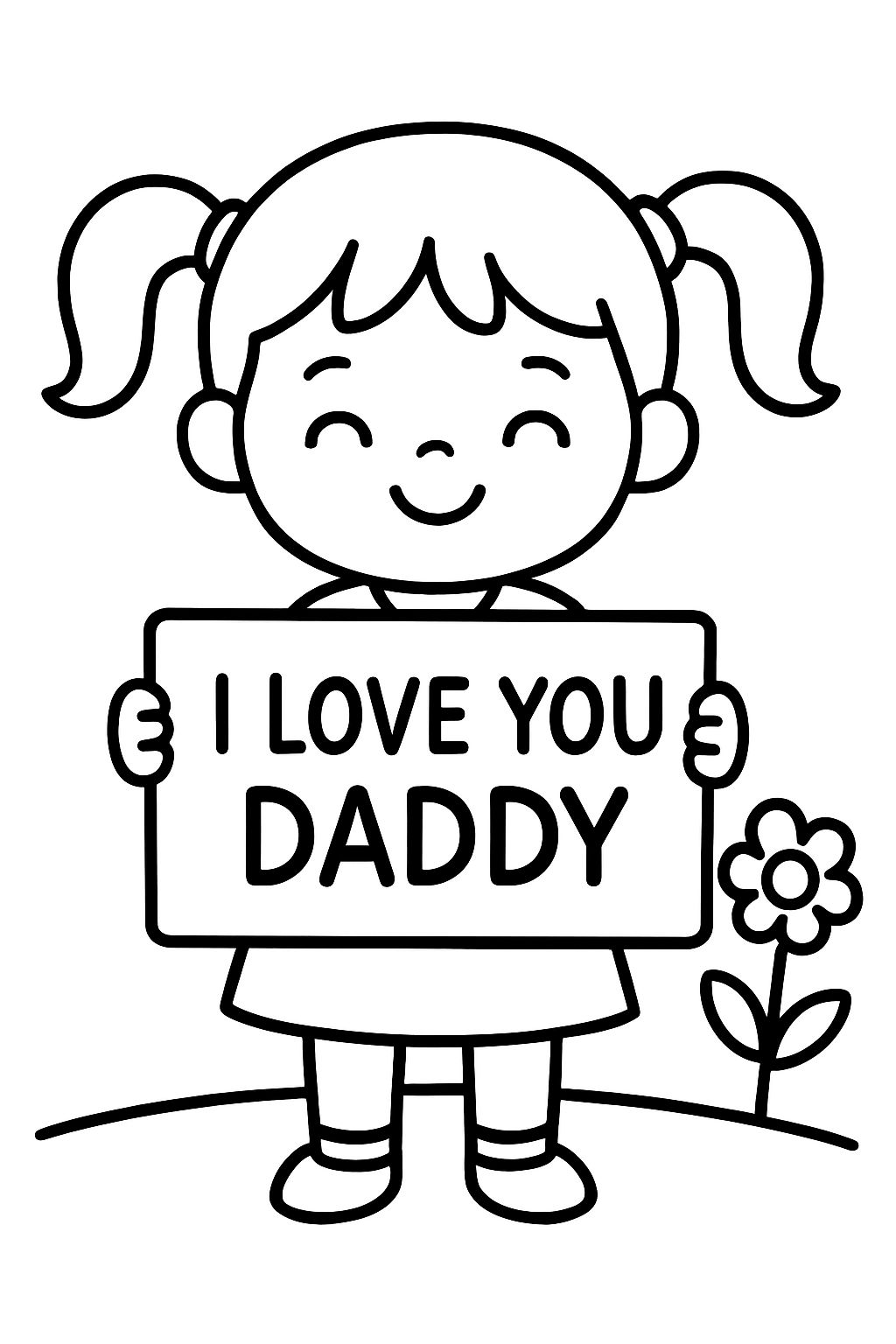 a little girl with pigtails wearing a dress and holding a sign that says I love you daddy