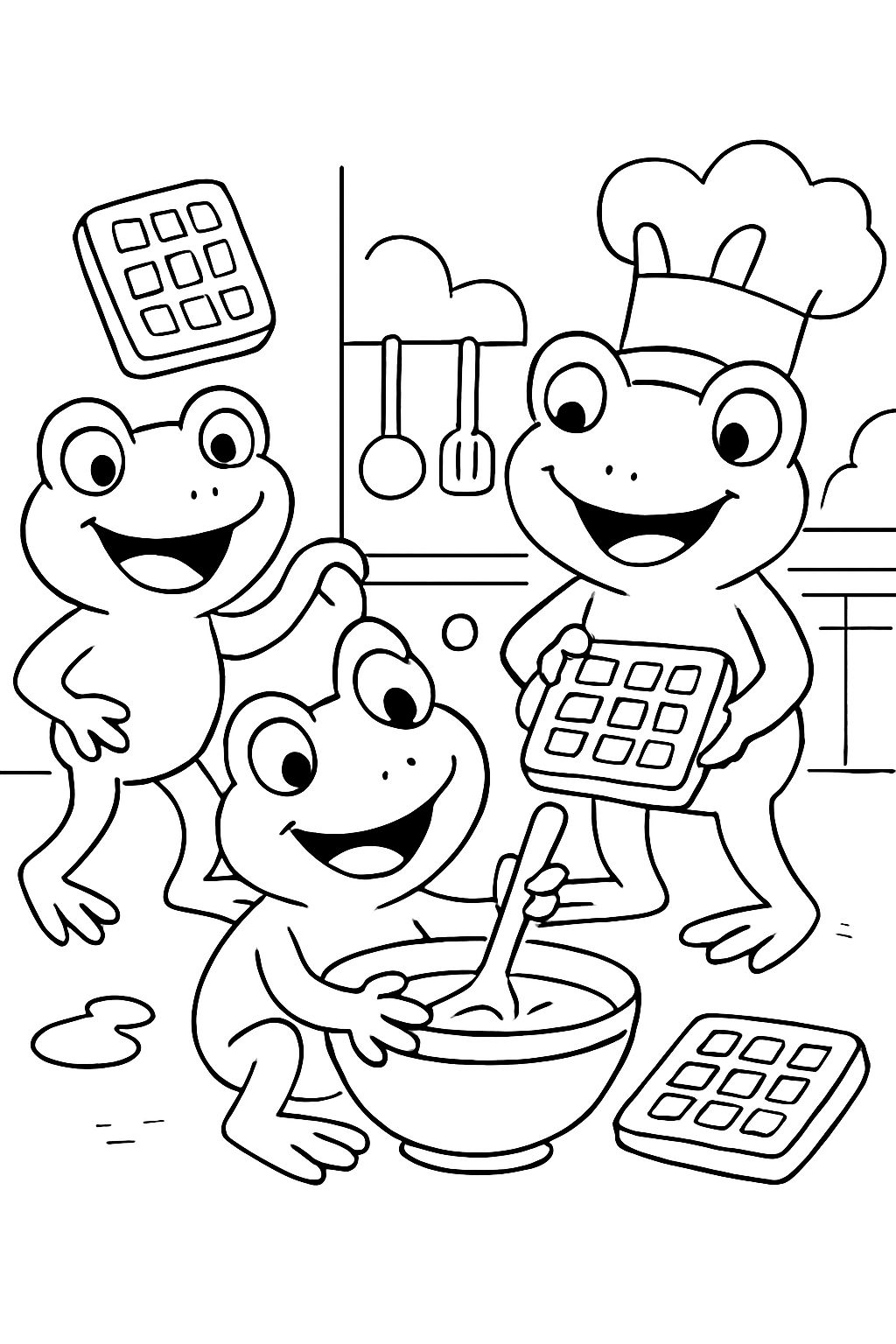 A few frogs baking waffles