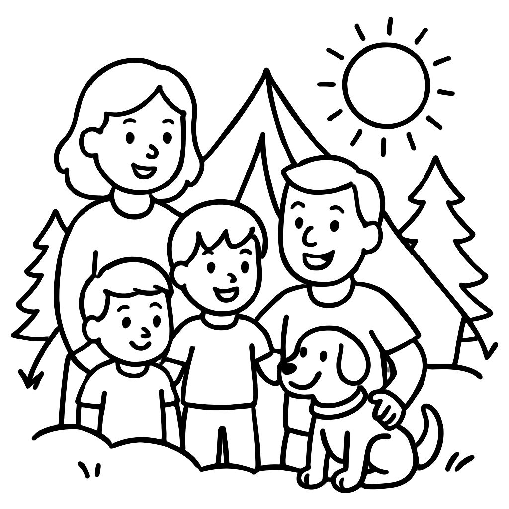 hermanos y mamá, papá, perro acampando hermanos y mamá, papá, perro acampando