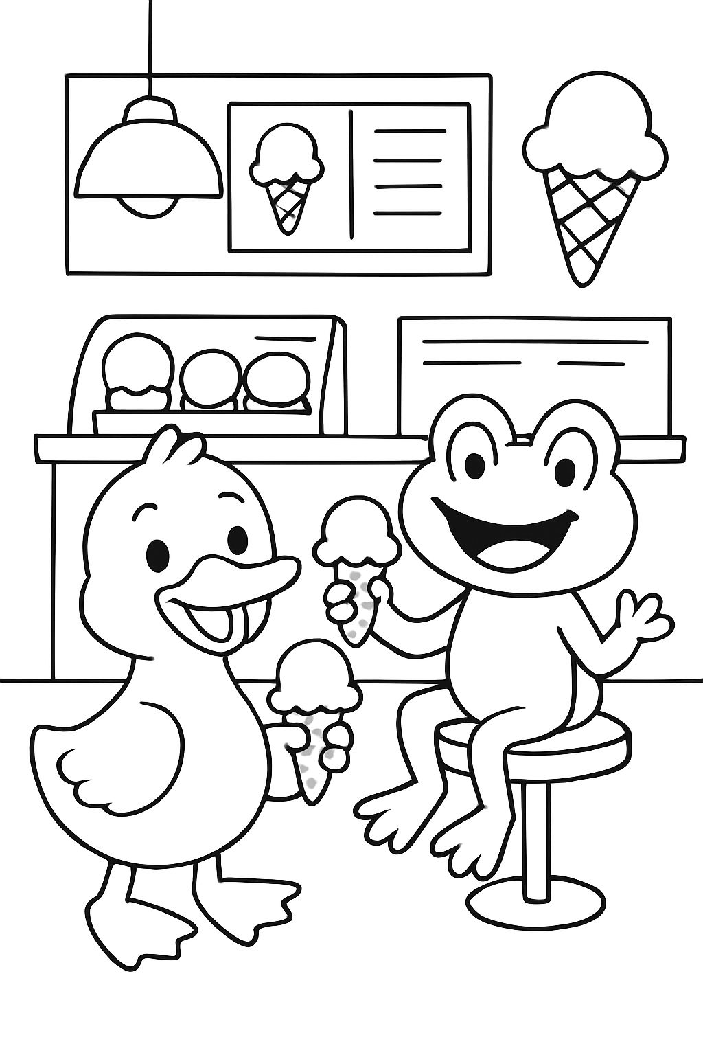 a cute duck with a frog friend in an ice cream shop with both animals with ice cream cones