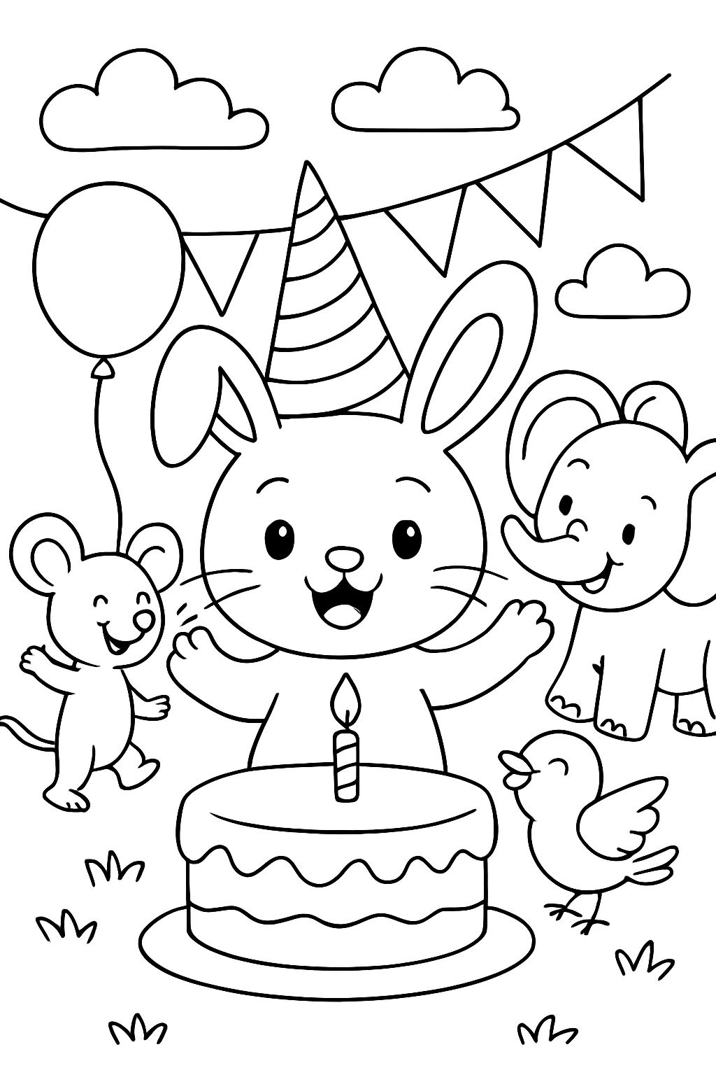 cute bunny with a party hat on at a birthday party with other animals