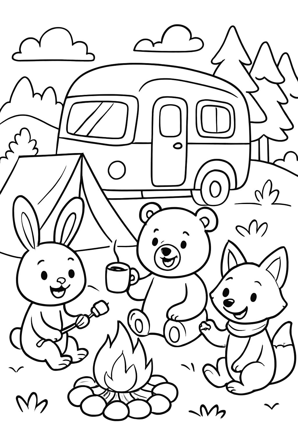 cozy animals camping with a camper