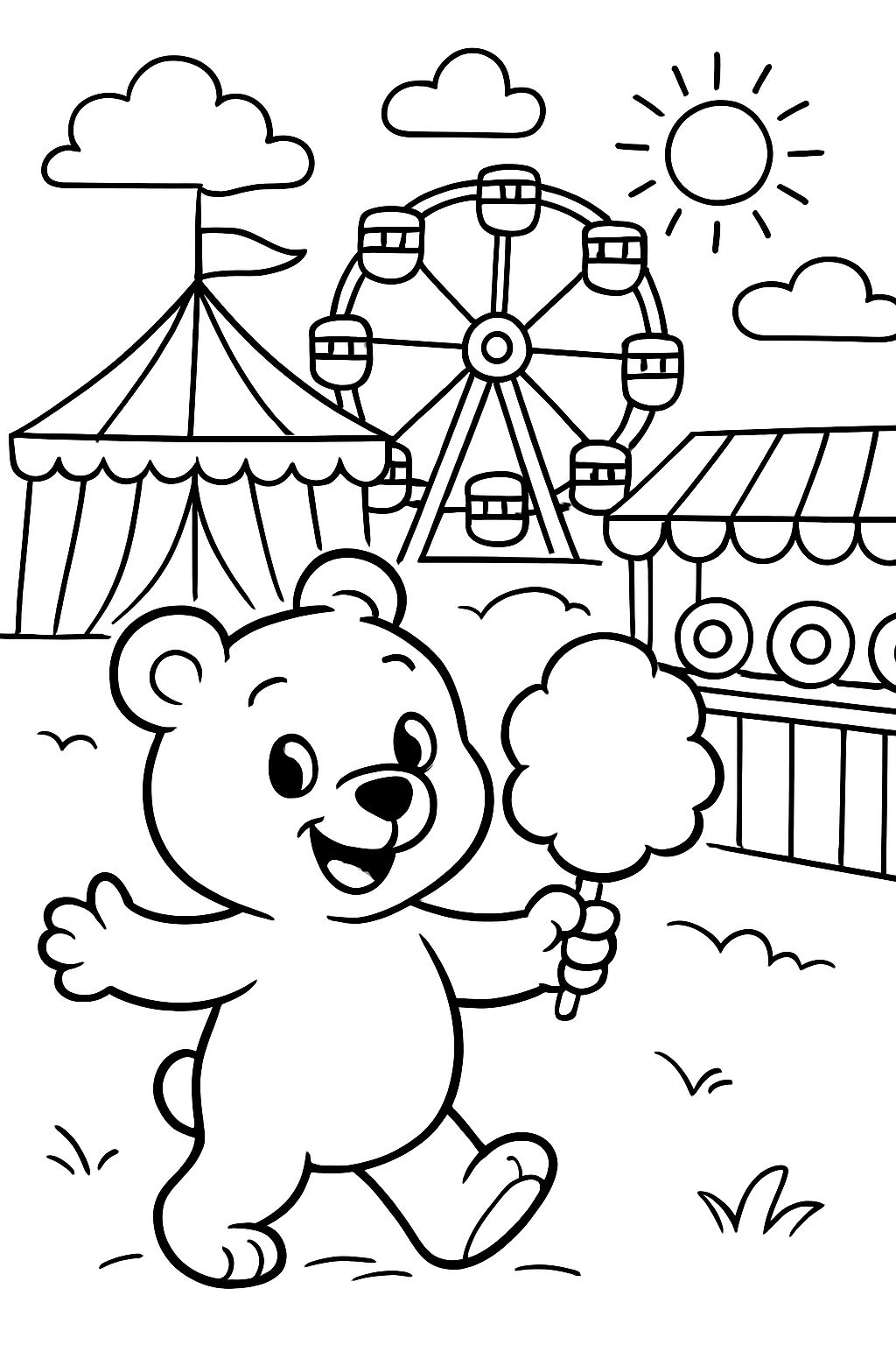 a cute bear at a carnival with cotton candy