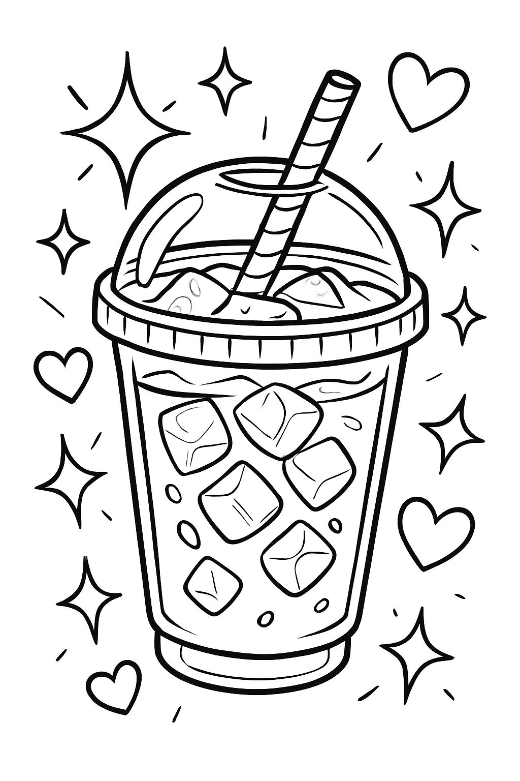 une tasse de café glacé entourée d'étoiles et de cœurs