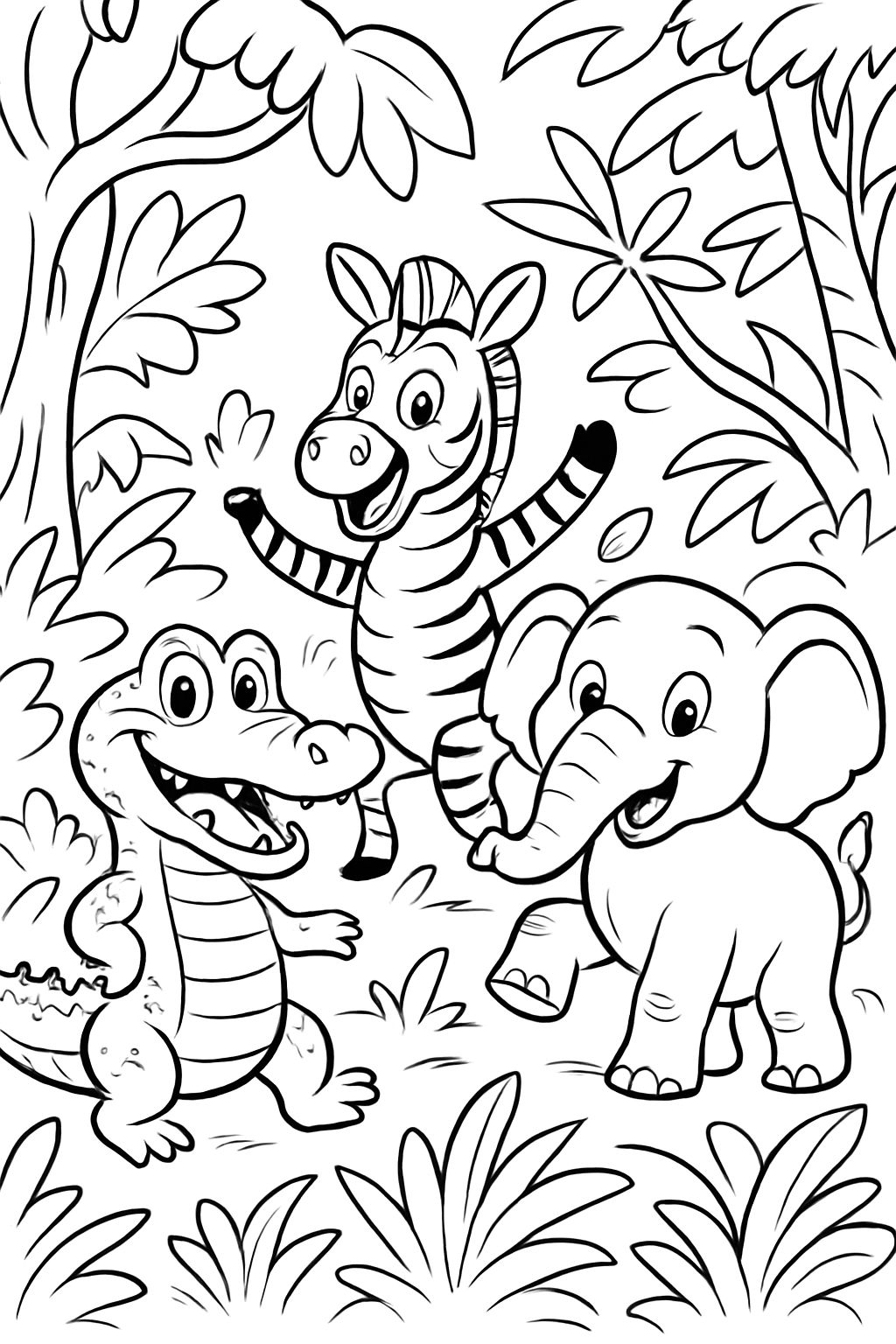 happy crocodile, zebra, and elephant in the jungle