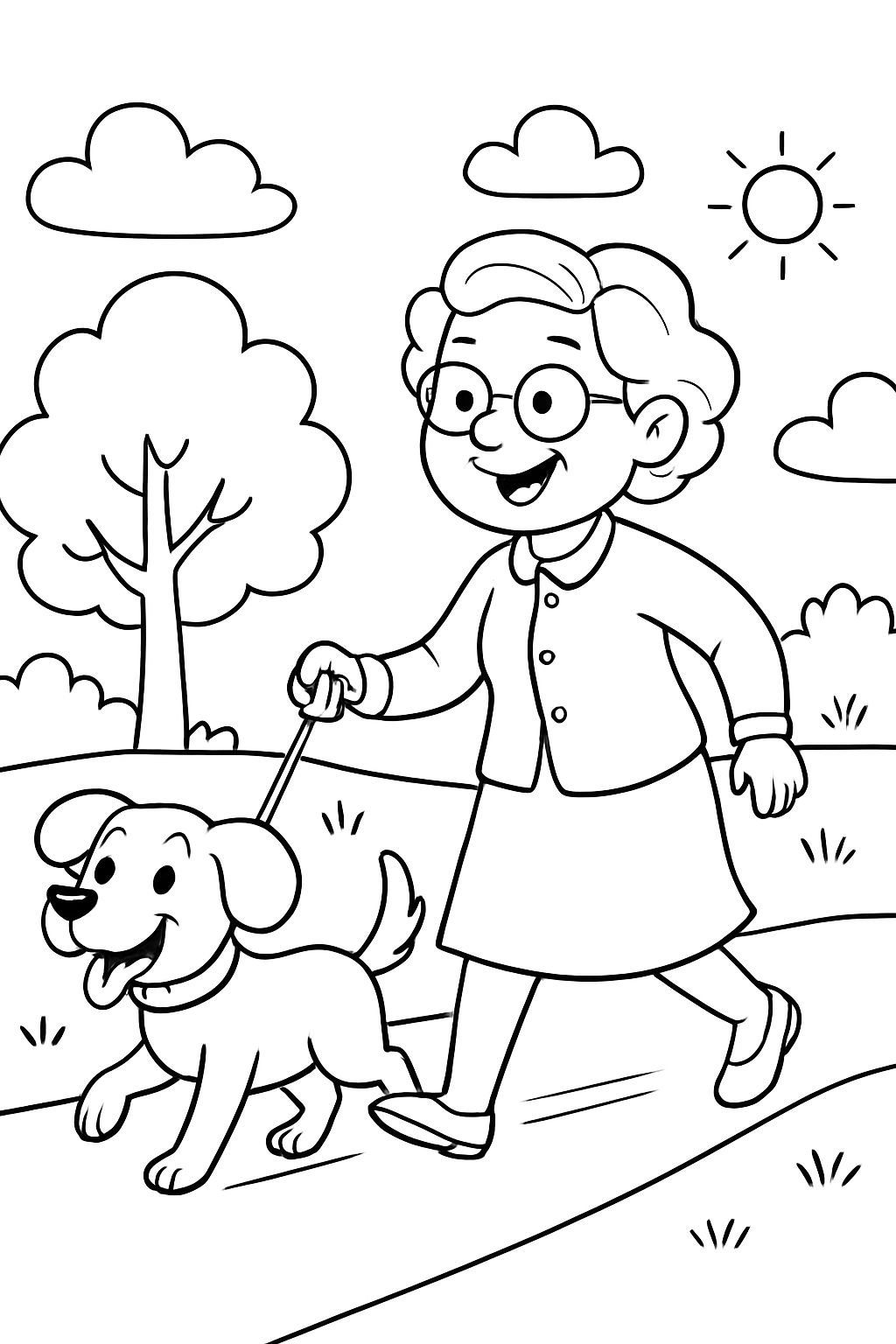 Grand-mère se promène avec le chien Grand-mère se promène avec le chien