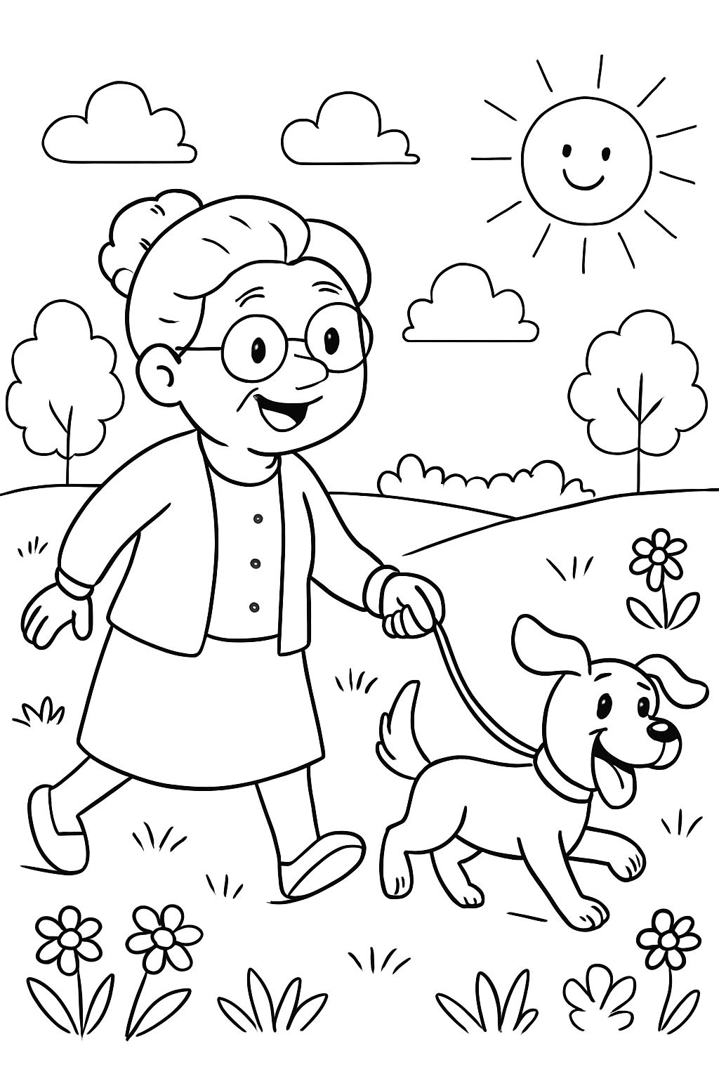 Grand-Mère se promène avec un chien dans le pré Grand-Mère se promène avec un chien dans le pré
