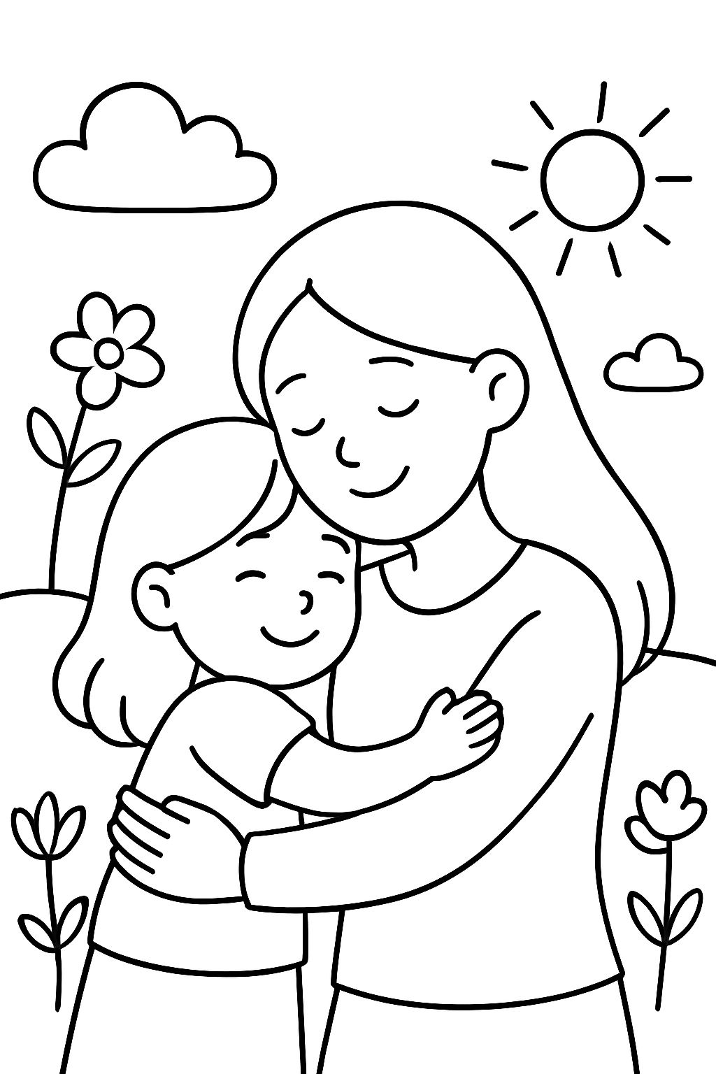 Mother's Day 4-year-old child cuddling with mom (straight long hair) in spring