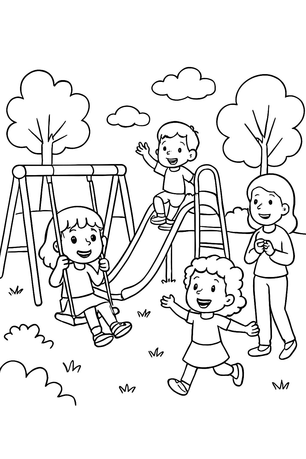 Playground with trees and some kids playing and mom watching.