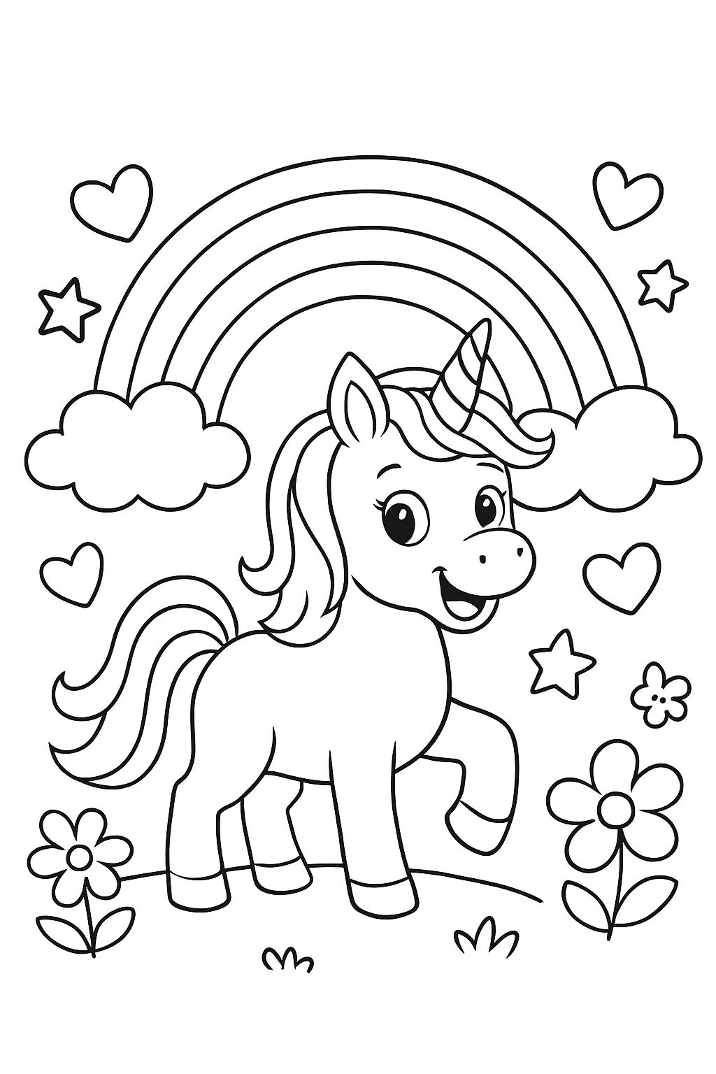 Big unicorn with a rainbow with hearts and stars and flowers