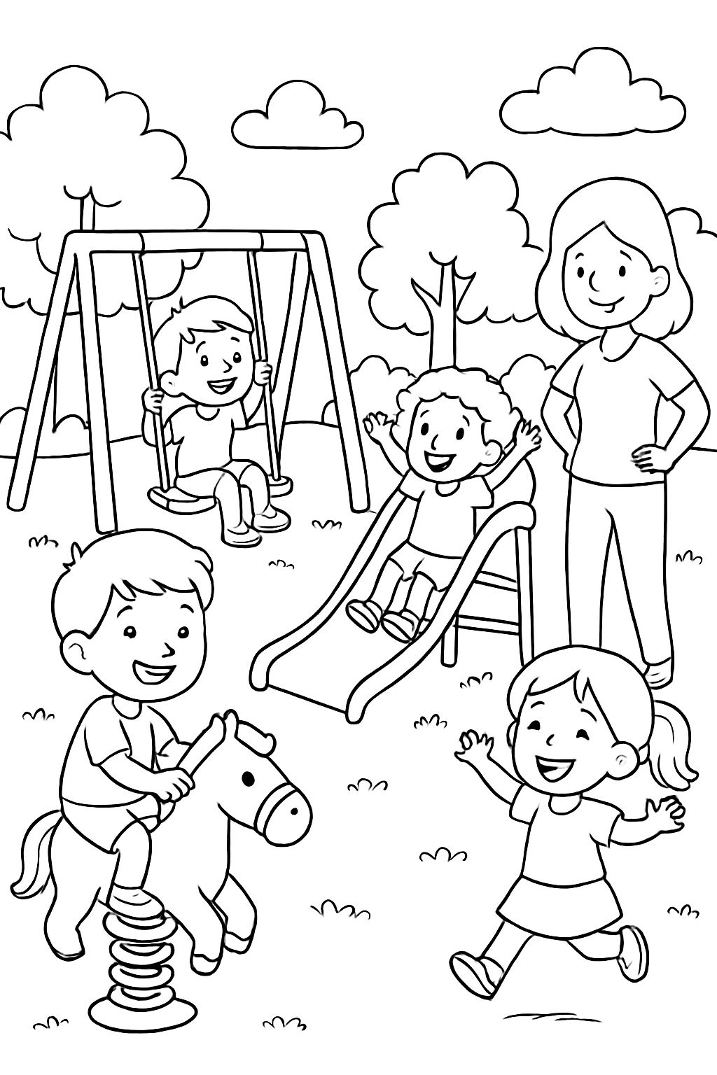 Playground with kids playing and mom watching