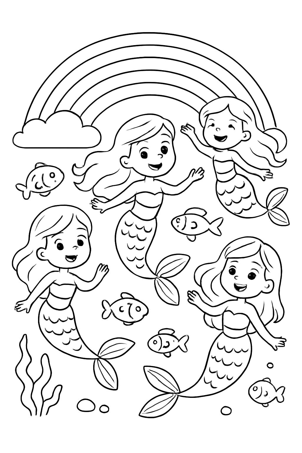 Plusieurs sirènes nagent. Avec un arc-en-ciel en arrière-plan. Et quelques poissons.