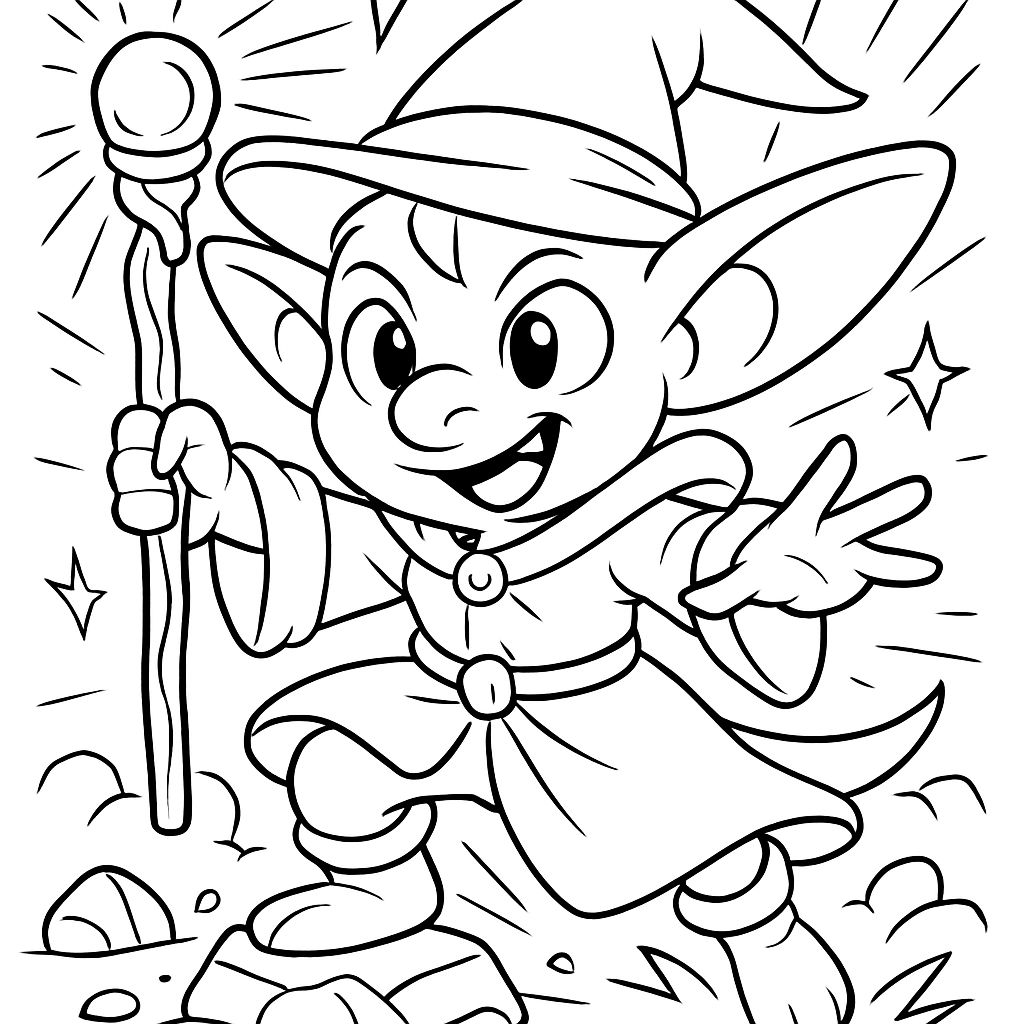 Niedlicher, stehender goblinischer Zauberer mit Mausohren. Niedlicher, stehender goblinischer Zauberer mit Mausohren.