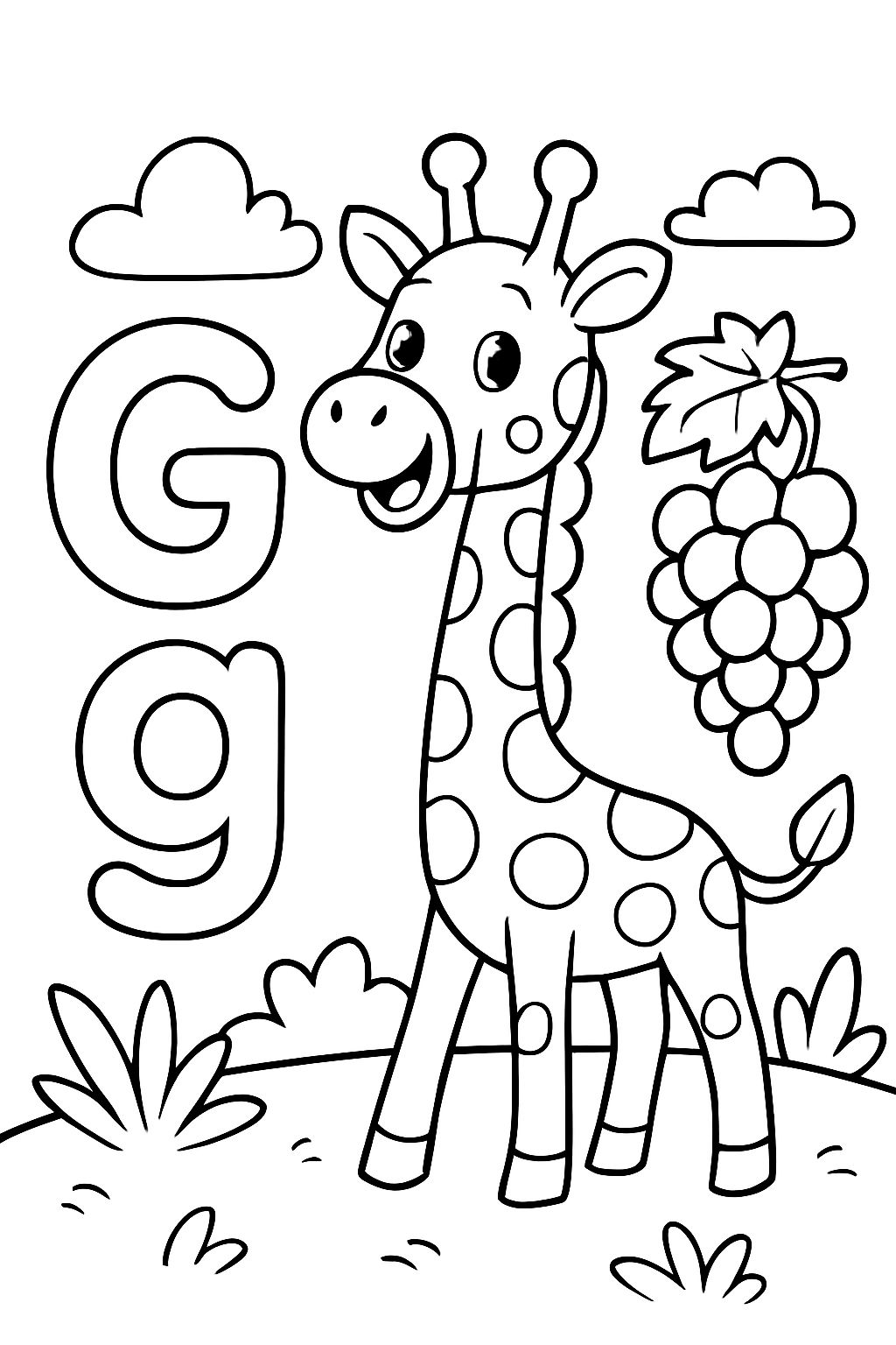 The capital letter G and the lower case letter g with a giraffe and grapes
