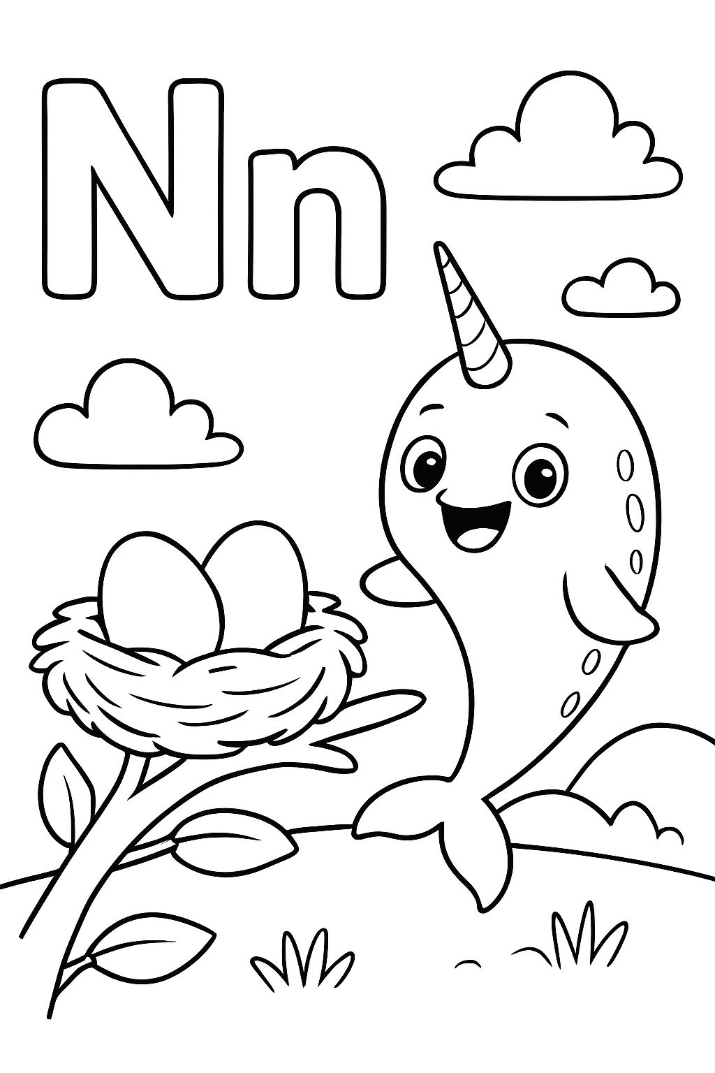 The letter N and the letter n with a nest and a narwhal