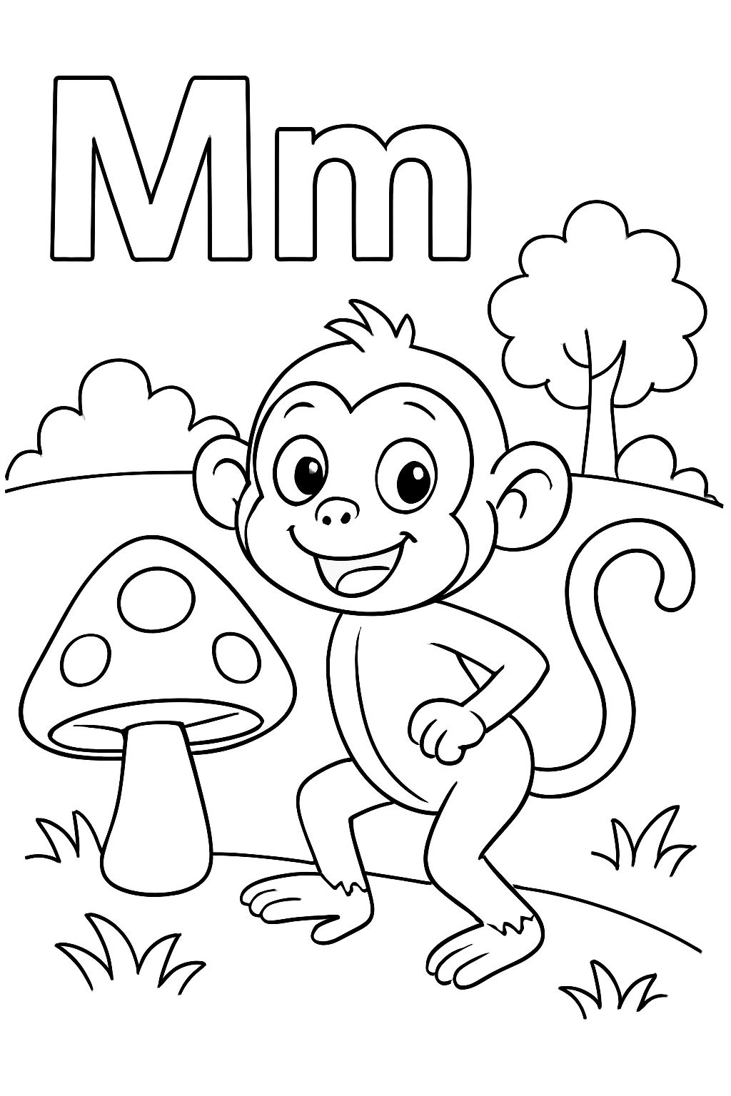 The letter M and the letter m with a monkey and a mushroom.