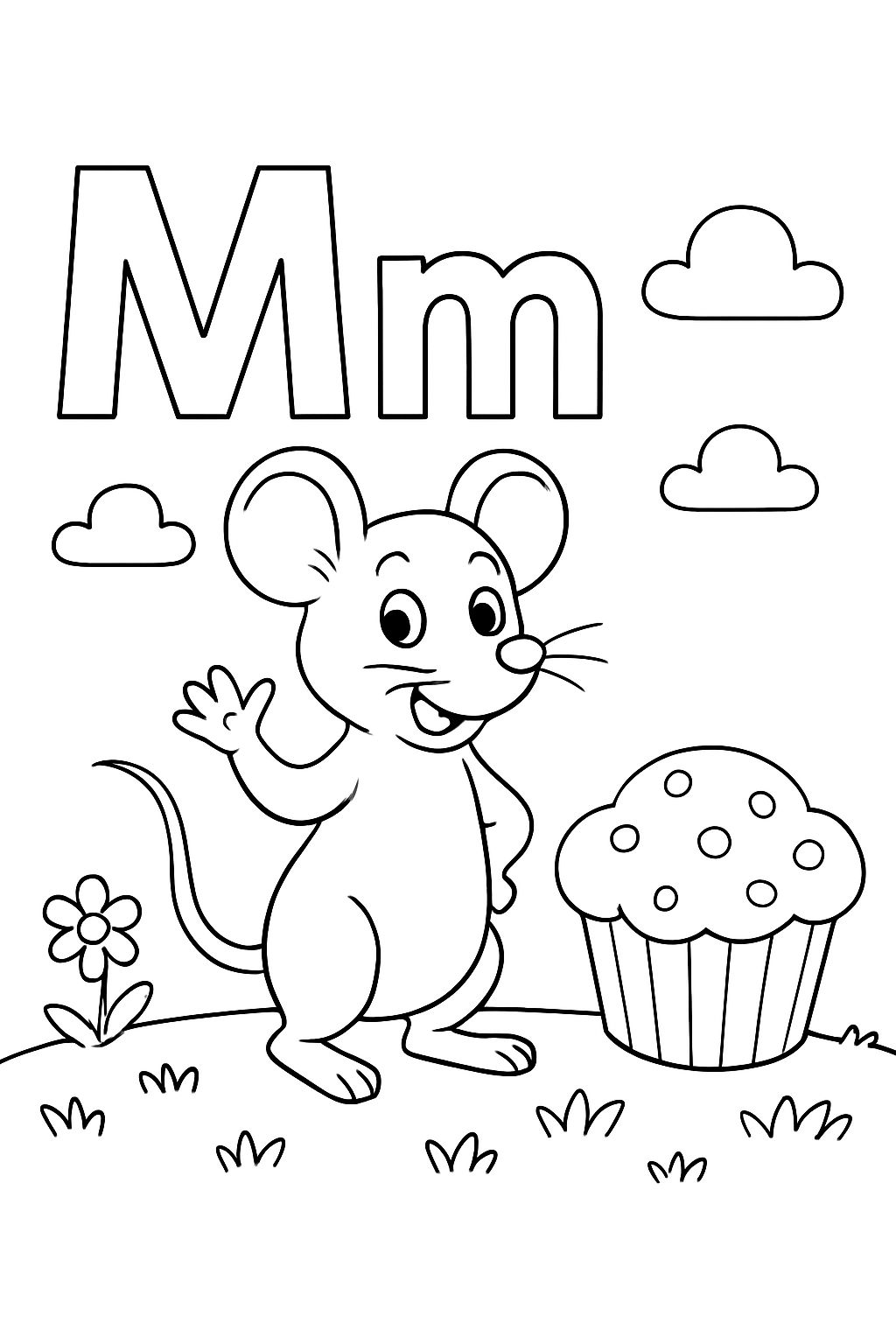 The letter M and the letter m with a mouse and a muffin