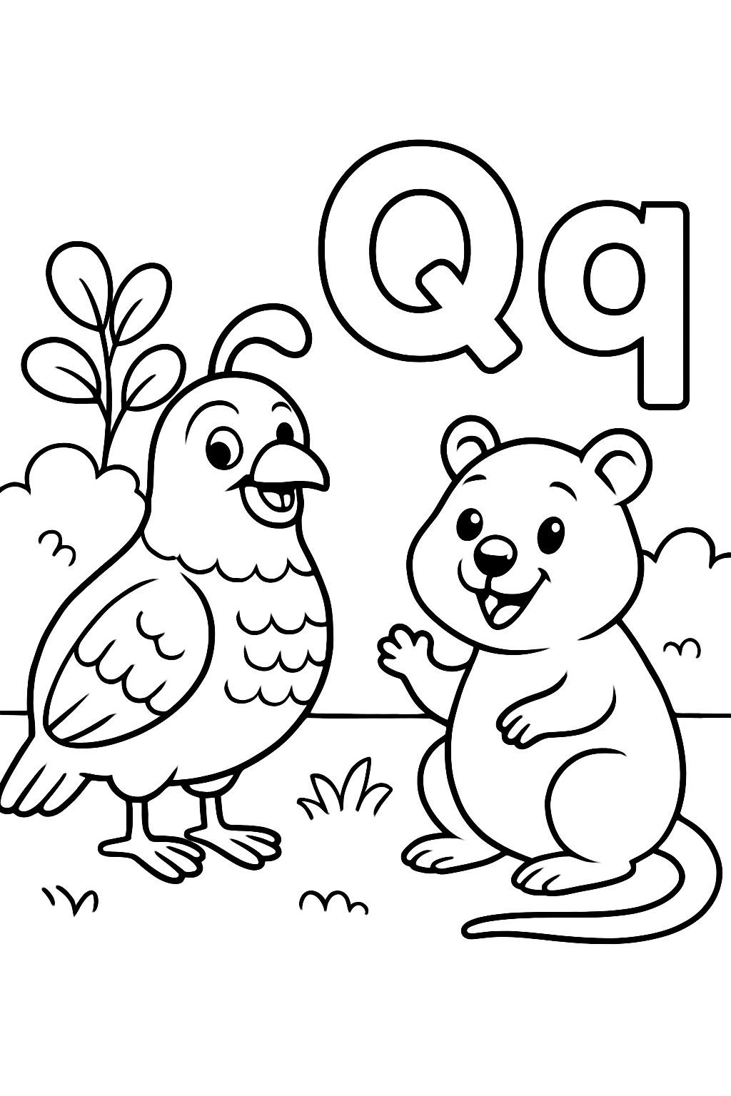 The letter Q and the letter q with a Quail and a Quokka