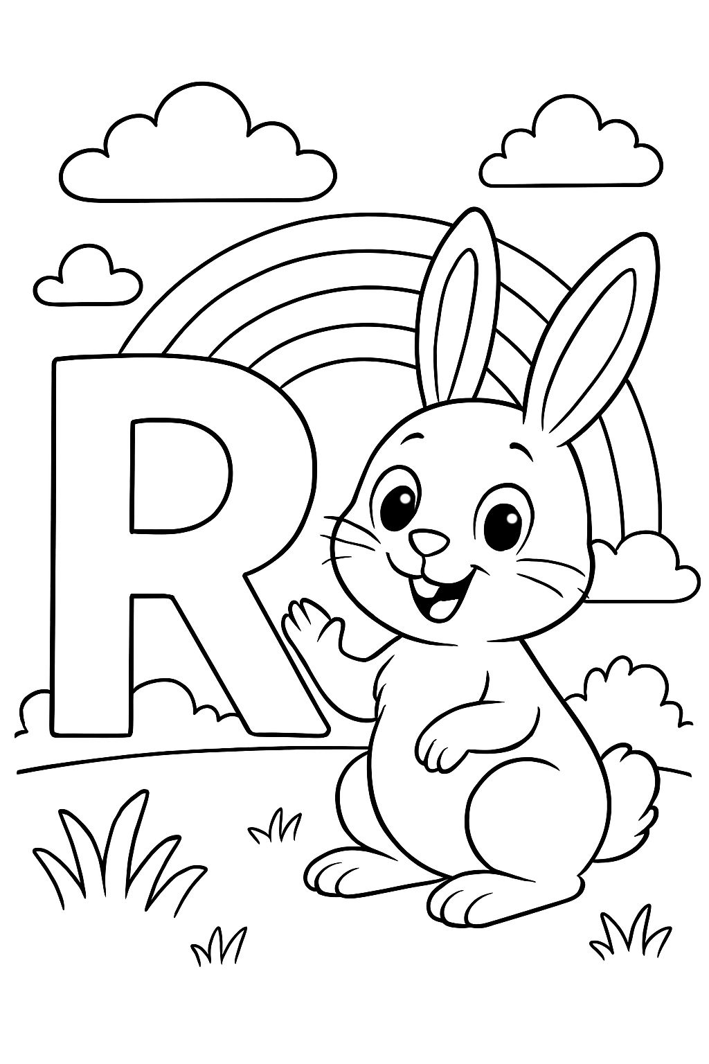 The letter R and the letter r with a rainbow and a rabbit