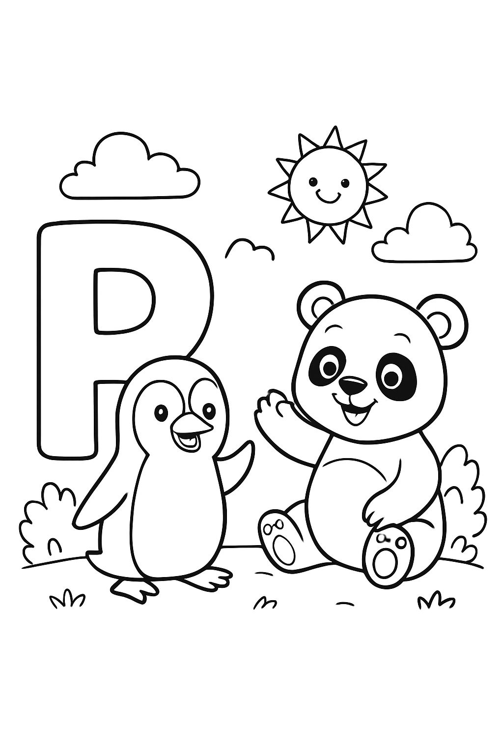 The letter P and the letter p with a Penguin and a Panda