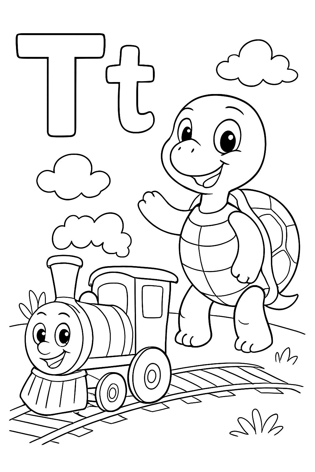 The capital letter T and the lower case letter t with a train and a turtle