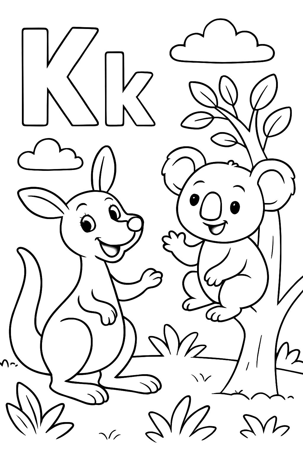 The letter K and the letter k with a kangaroo and a koala