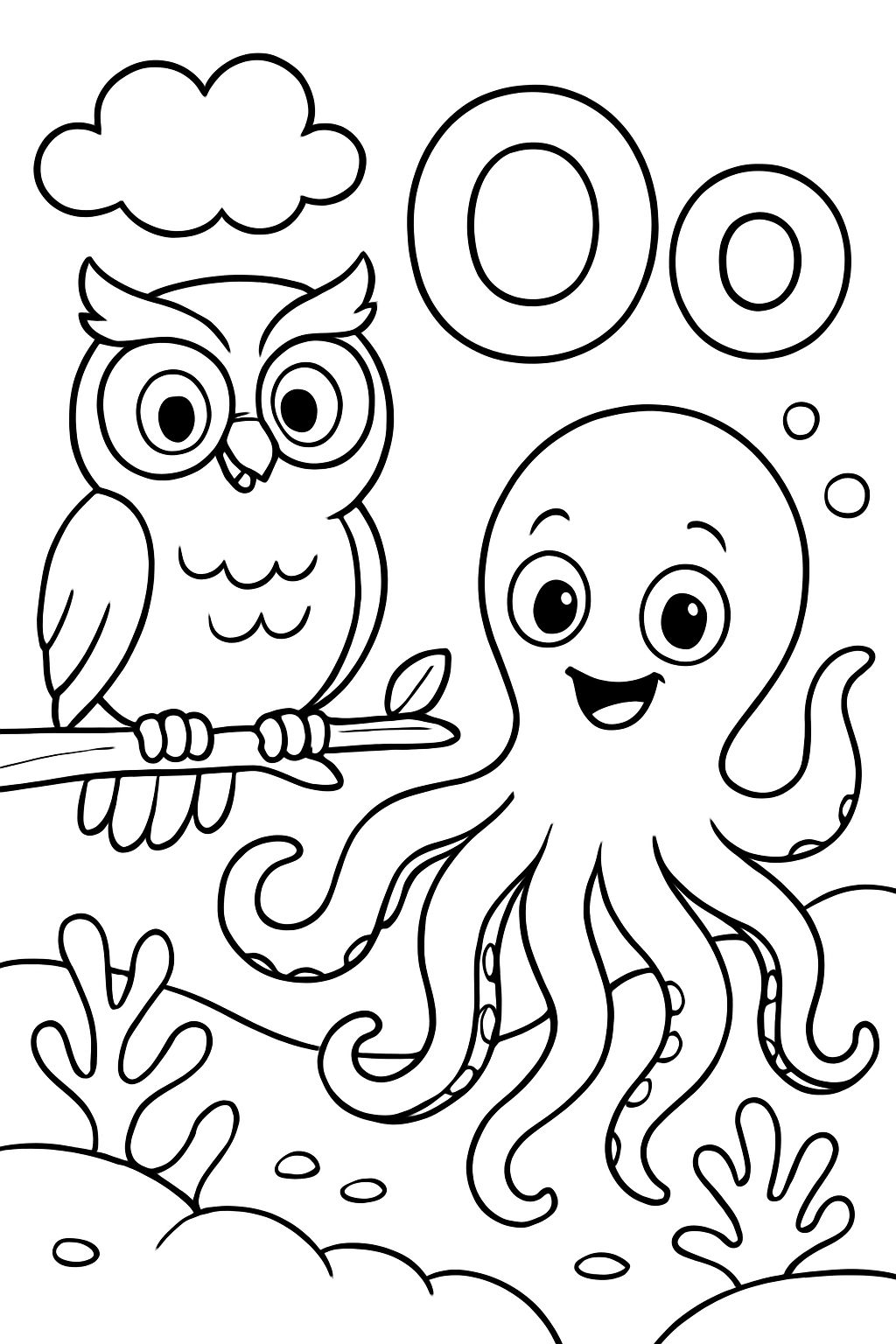 The letter O and the letter o with an owl and an octopus