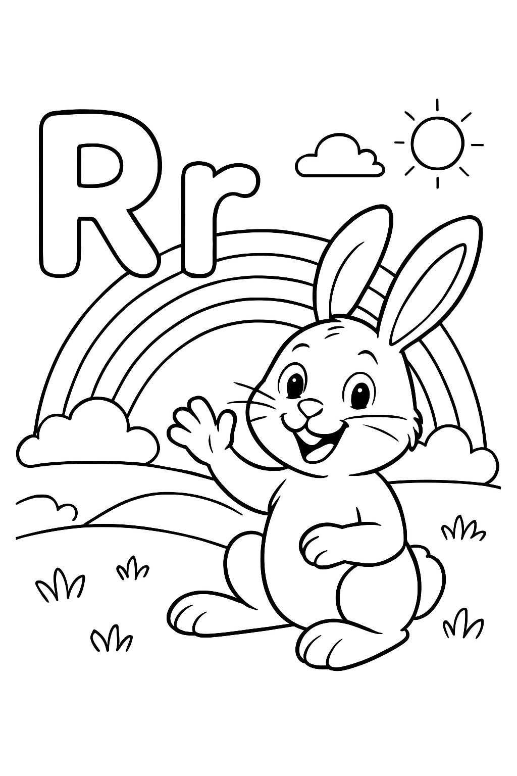 The capital letter R and the lower case letter r with a Rabbit and rainbow