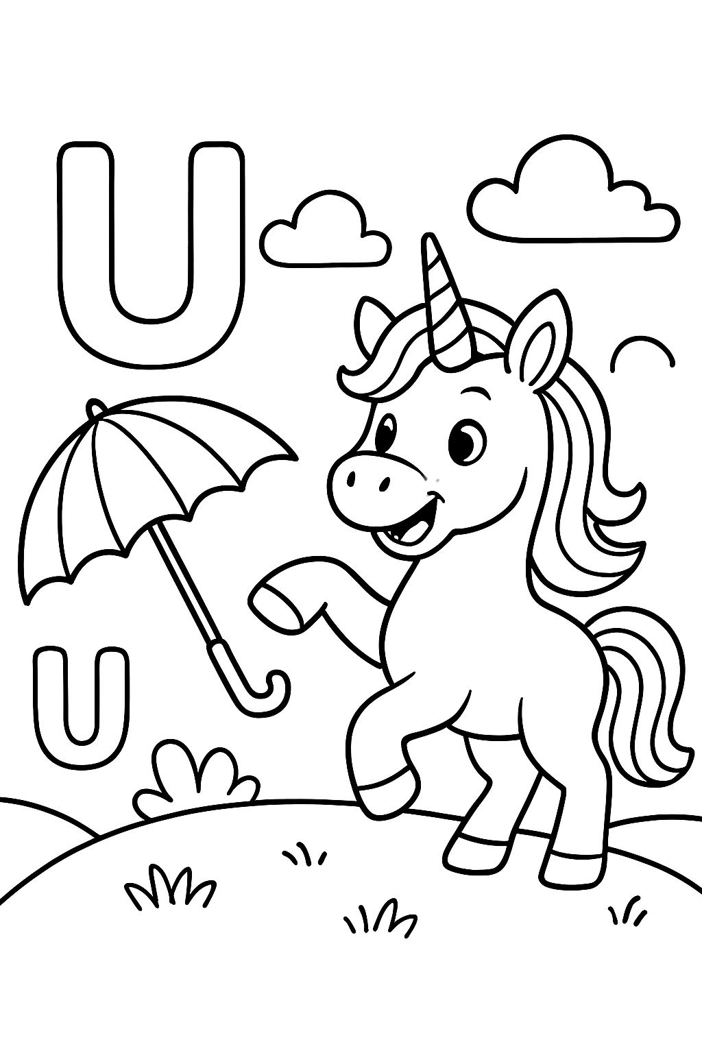 The capital letter U and the lower case letter u with a unicorn and an umbrella.