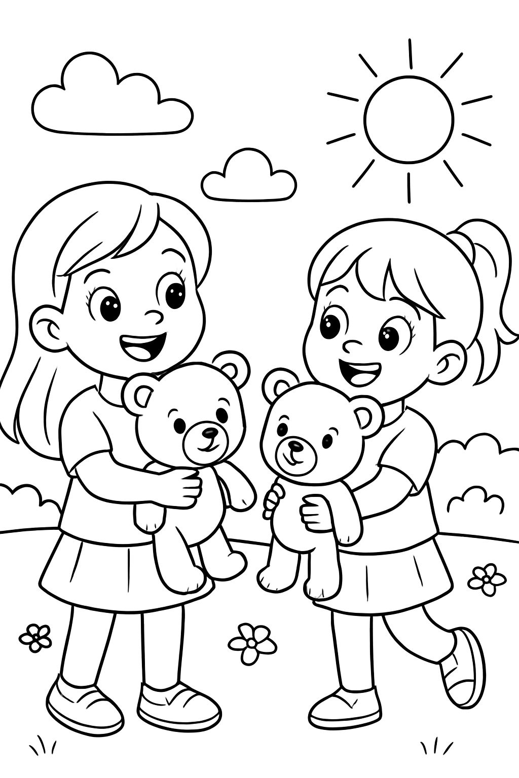 2 Mädchen, jedes mit einem Bären in der Hand 2 Mädchen, jedes mit einem Bären in der Hand