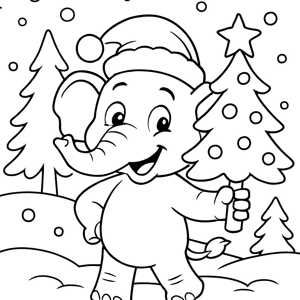 Um elefante com um chapéu de Natal e uma árvore de Natal na mão Um elefante com um chapéu de Natal e uma árvore de Natal na mão