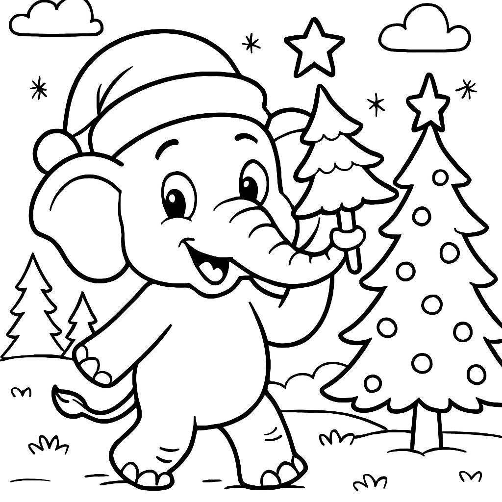 Un elefante con un gorro de Navidad sosteniendo un árbol de Navidad en su trompa Un elefante con un gorro de Navidad sosteniendo un árbol de Navidad en su trompa