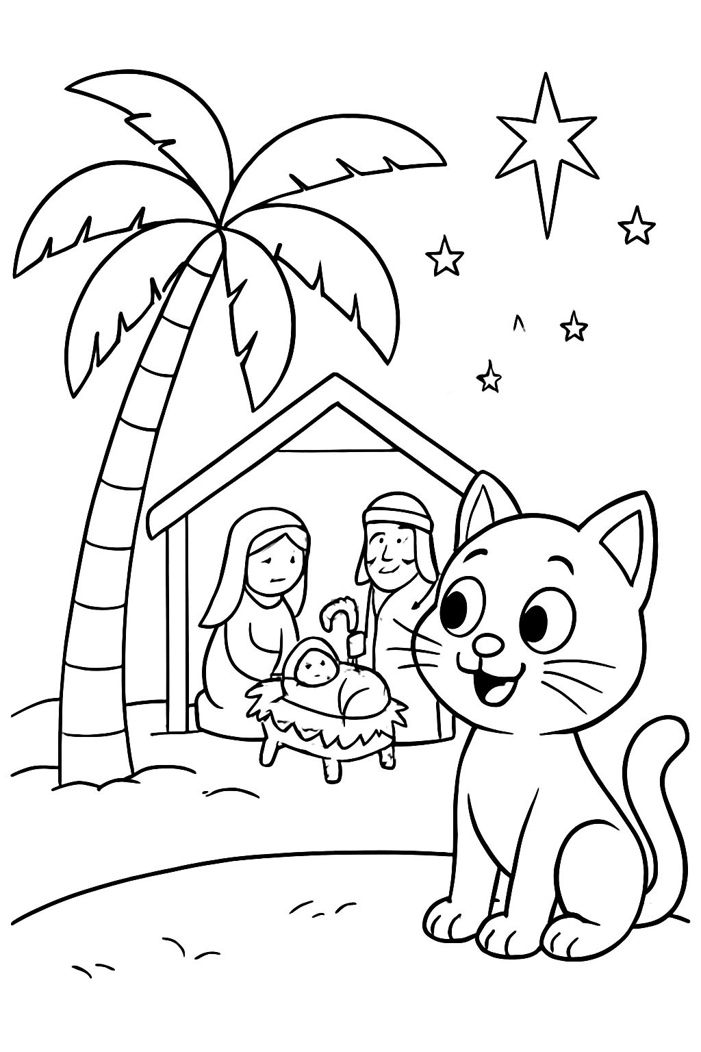 Kitty watching nativity with palm tree