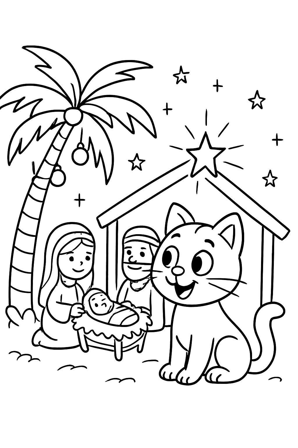 Eine Katze, die eine Krippe mit einem Weihnachts-Palmenbaum beobachtet.