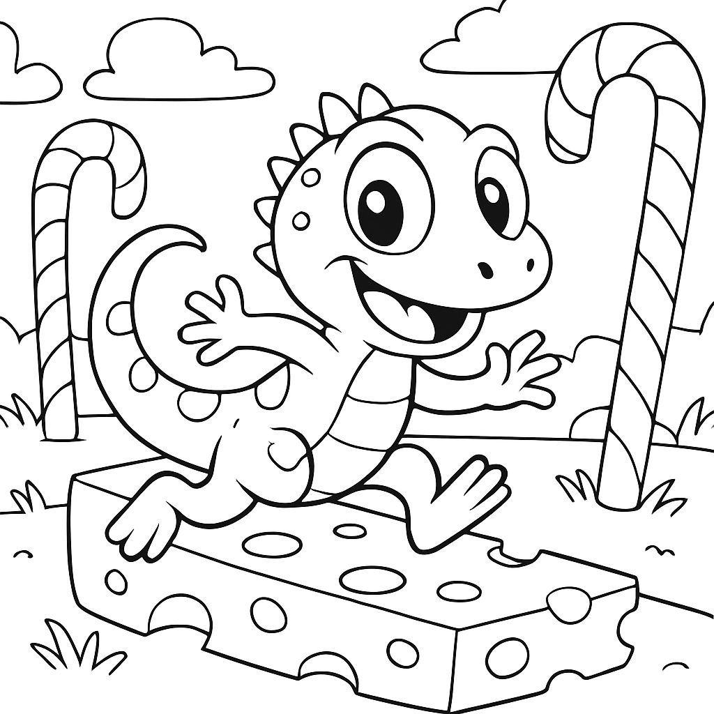 um lagarto correndo em um caminho de queijo através de um campo de bengalas de doce um lagarto correndo em um caminho de queijo através de um campo de bengalas de doce