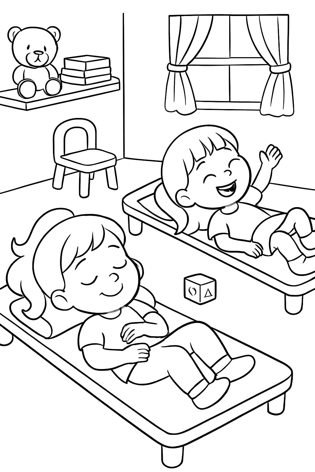 Kleine Mädchen im Kindergarten ruhen auf Betten. Kleine Mädchen im Kindergarten ruhen auf Betten.