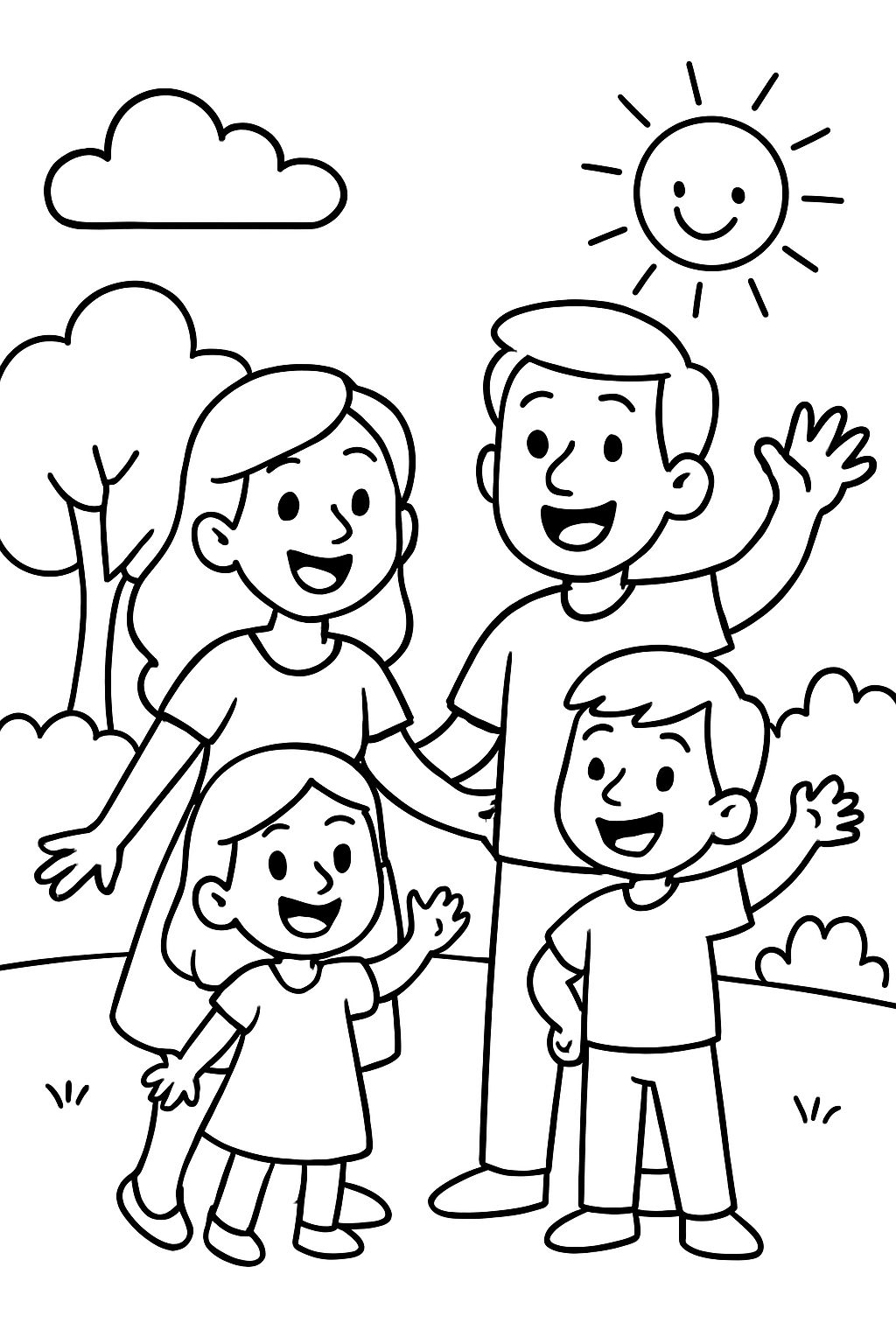 Happy family with daughter in a dress, dad and sons in pants.