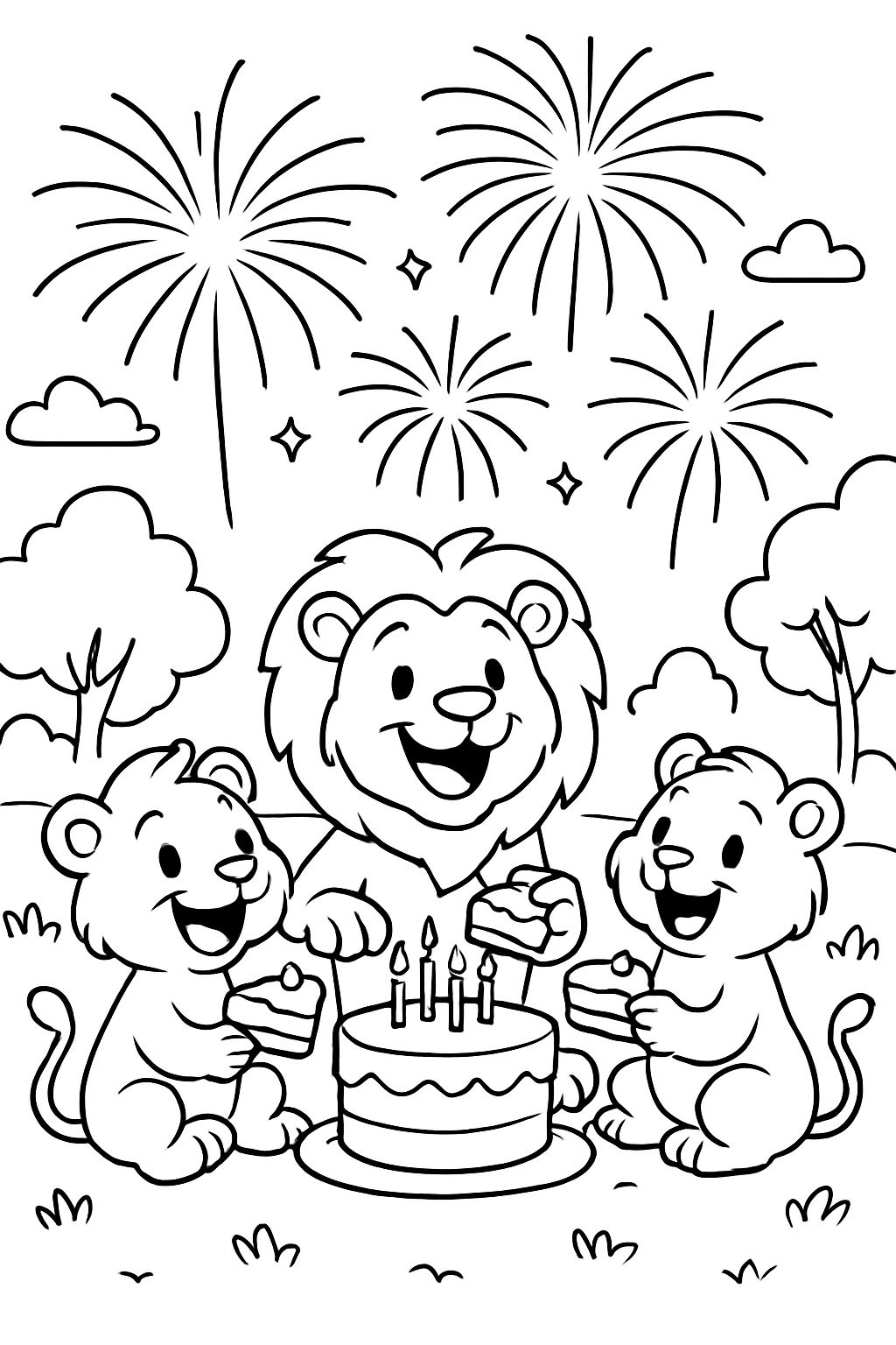 Três leões do lado de fora comendo bolo enquanto assistem a fogos de artifício. Três leões do lado de fora comendo bolo enquanto assistem a fogos de artifício.