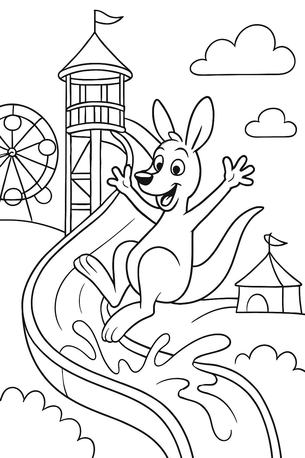 a kangaroo in a water slide from a high tower at an amusement park a kangaroo in a water slide from a high tower at an amusement park
