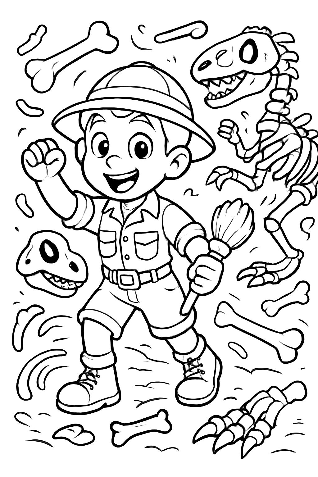 a cute paleontologist surrounded by dinosaur bones