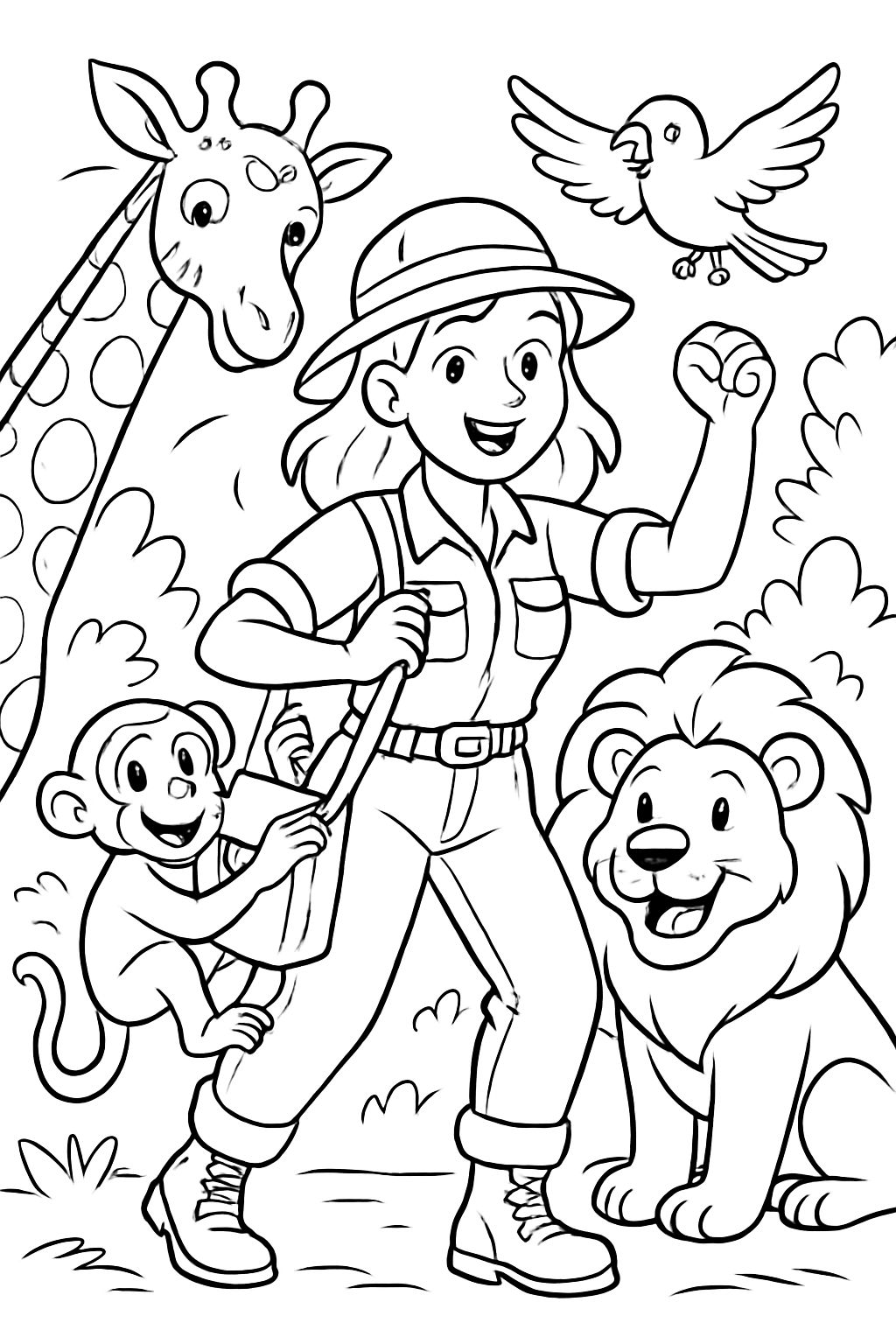 a cute female zookeeper with animals around her