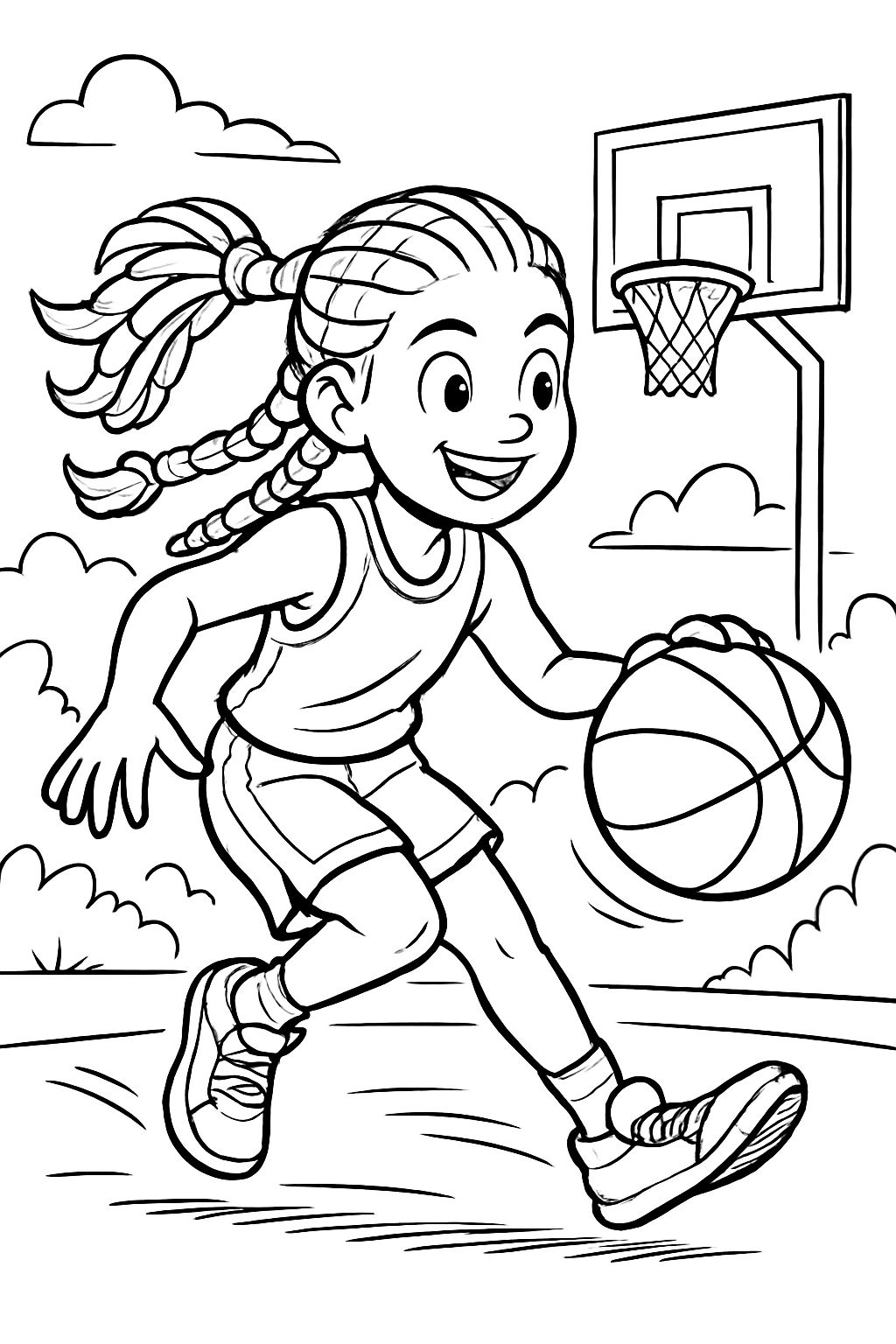 a cute basketball player with long braids tied in a ponytail